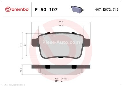 Set plăcuțe frână BREMBO, spate , pentru: MERCEDES CITAN MIXTO (DOUBLE CABIN), CITAN (MPV), CITAN/MINIVAN (W415); NISSAN NV250 1.2/1.5D 11.12-