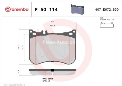 Set plăcuțe frână BREMBO ,față, pentru: MERCEDES CLS (C257), E (A238), E (C238), E T-MODEL (S213), E (W213), S (A217), S (C217), S (W222, V222, X222) 2.2DH-4.7 05.13-