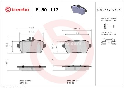Set plăcuțe frână BREMBO, spate , pentru: MERCEDES S (A217), S (C217), S (W222, V222, X222) 2.2DH-4.7 05.13-