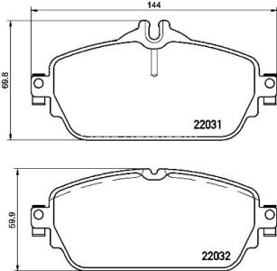 Set plăcuțe frână BREMBO ,față, pentru: MERCEDES C (A205), C (C205), C T-MODEL (S205), C (W205), E (A238), E (C238), E T-MODEL (S213), E (W213) 1.5H-2.2D 02.14-