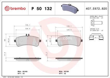 Set plăcuțe frână BREMBO, spate , pentru: MERCEDES AMG GT (X290), C (W205), S (W222, V222, X222), SL (R231) 3.0H-6.0 01.12-
