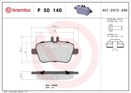Set plăcuțe frână BREMBO ,față, (cu accesorii; cu suruburi ghidare etrier frână), pentru: MERCEDES A (W176), B SPORTS TOURER (W246, W242), CLA (C117) 1.5D-Electric 02.11-