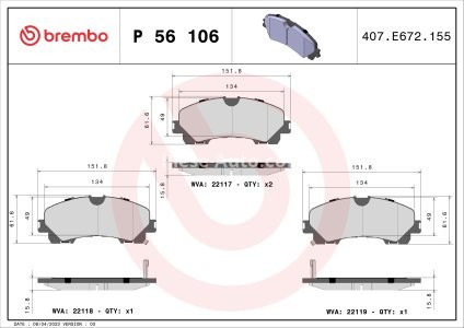 Set plăcuțe frână BREMBO ,față, (fara optionale), pentru: NISSAN X-TRAIL III; RENAULT KOLEOS II 1.3-3.5H 04.13-