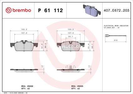 Set plăcuțe frână BREMBO ,față, pentru: PEUGEOT 508 I, 508 KOMBI 1.6-2.2D 11.10-12.18