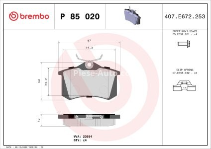 Set plăcuțe frână BREMBO, spate , pentru: DS DS 3, DS 4; AUDI A1, A1 CITY CARVER, A2, A3, A4 B5, A4 B6, A4 B7, A6 C5, A8 D2, ALLROAD C5, TT; CITROEN BERLINGO, BERLINGO/MINIVAN 1.0-Electric 05.86- 3