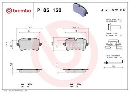 Set plăcuțe frână BREMBO, spate , pentru: AUDI A4 B8, A5, A6 ALLROAD C7, A6 C7, A7; PORSCHE MACAN 1.8-4.2 03.10-