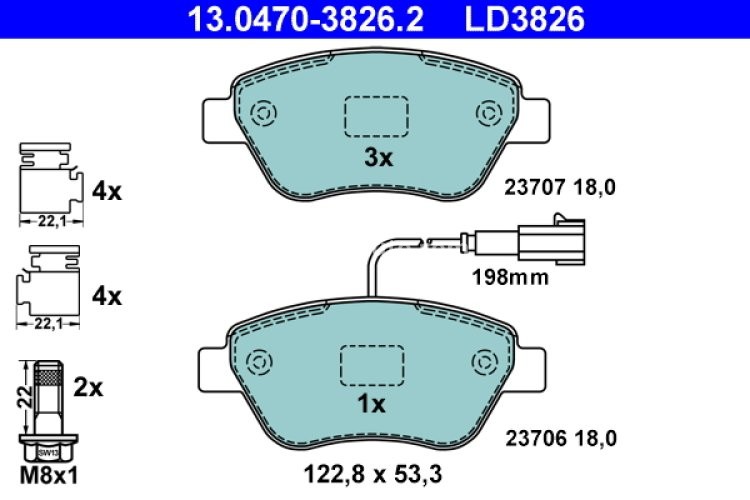 Set plăcuțe frână ATE din ceramică, față (cu accesorii; cu șuruburi ghidare etrier), pentru: ALFA ROMEO MITO; FIAT 500, 500 C, FIORINO, FIORINO/MINIVAN 0.9-Electric 10.04-