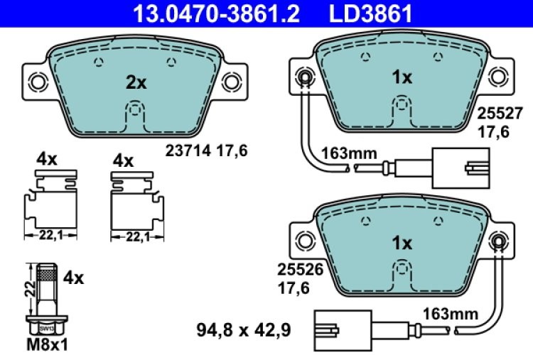 Set plăcuțe frână ATE din ceramică, spate , pentru: ALFA ROMEO MITO; FIAT BRAVO II, MULTIPLA, STILO; LANCIA DELTA III 0.9-2.4 04.99-10.18
