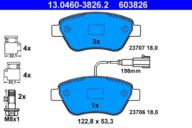 Set plăcuțe frână ATE, față (cu accesorii; cu șuruburi ghidare etrier), pentru: ALFA ROMEO MITO; FIAT 500, 500 C, FIORINO, FIORINO/MINIVAN, GRANDE PUNTO 0.9-Electric 10.04-