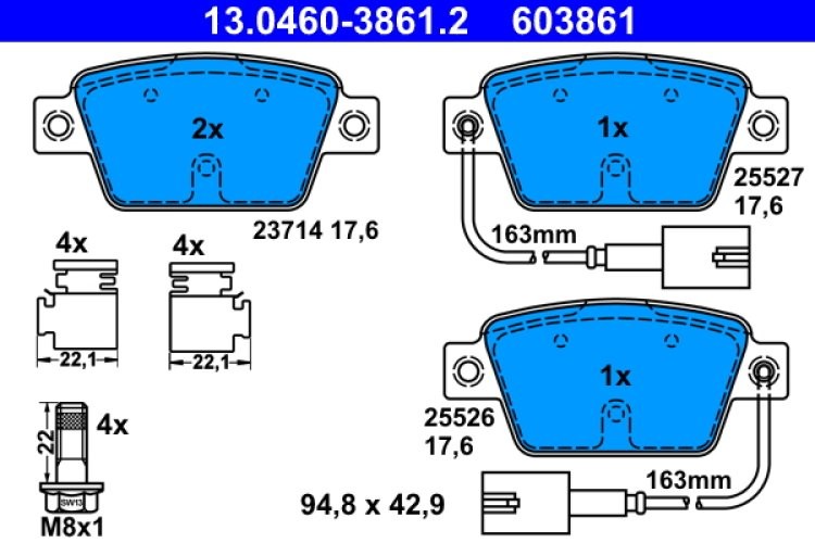 Set plăcuțe frână ATE, spate  , pentru: ALFA ROMEO MITO; FIAT BRAVO II, MULTIPLA, STILO; LANCIA DELTA III 0.9-2.4 04.99-10.18