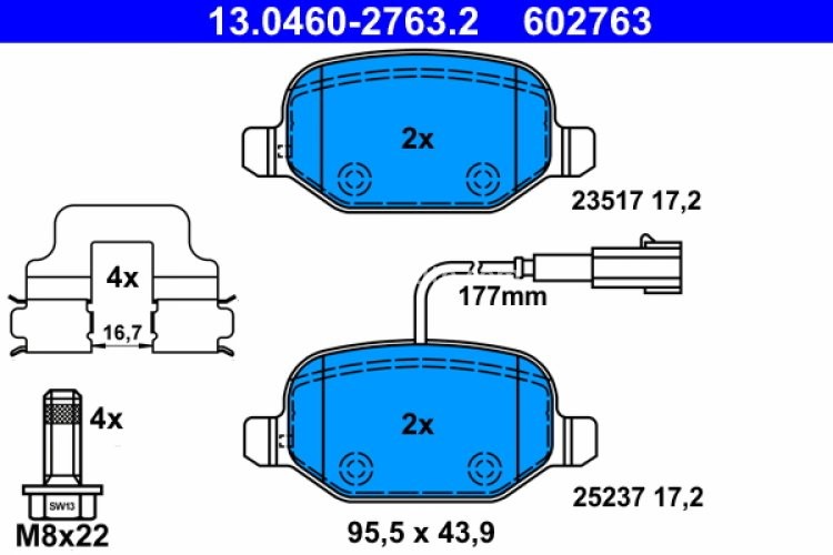 Set plăcuțe frână ATE, spate  (cu accesorii; cu șuruburi ghidare etrier), pentru: ALFA ROMEO MITO 0.9-1.6D 08.08-10.18