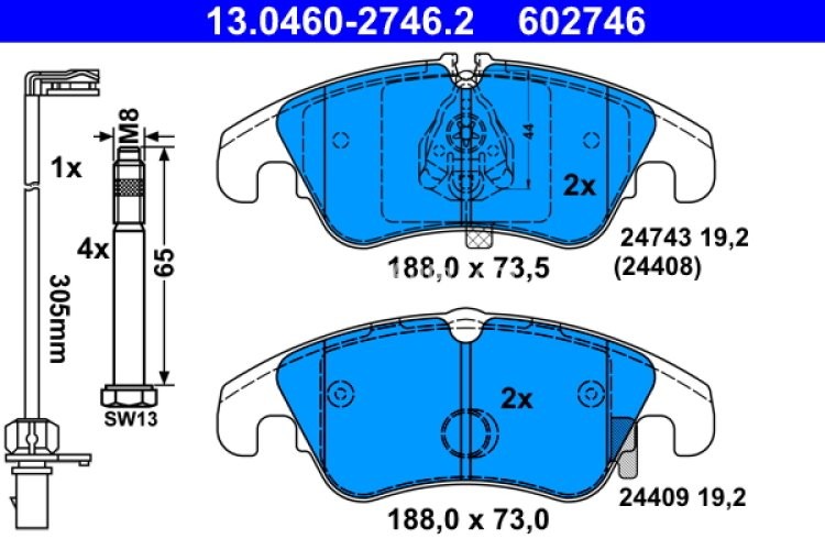 Set plăcuțe frână ATE, față (cu șuruburi ghidare etrier), pentru: AUDI A4 ALLROAD B8, A4 B8, A5 1.8-4.2 06.07-01.17