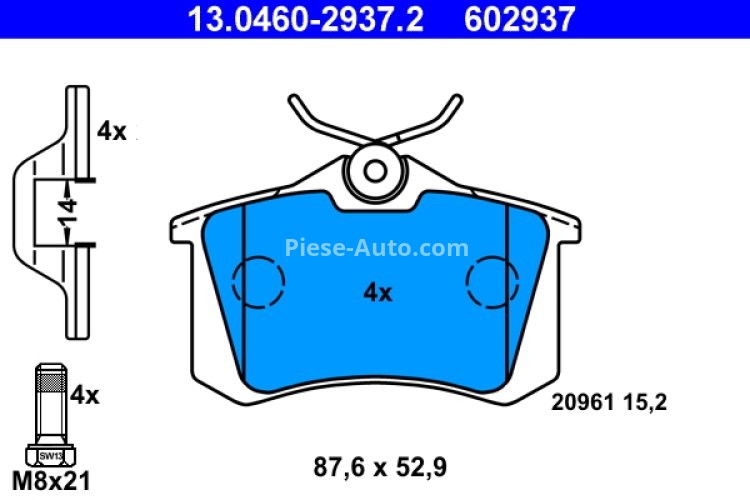 Set plăcuțe frână ATE, spate  (cu accesorii; cu șuruburi ghidare etrier), pentru: AUDI A2, A4 B6, A4 B7, A6 C5, ALLROAD C5, TT; NISSAN MICRA III; PEUGEOT 405 I 1.0-4.2 08.83-