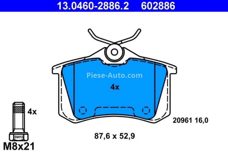 Set plăcuțe frână ATE, spate  (cu șuruburi ghidare etrier), pentru: AUDI A4 B6, A4 B7, A6 C5, ALLROAD C5, TT; FIAT SCUDO; RENAULT THALIA II; SEAT EXEO, EXEO ST 1.4-4.2 05.86-