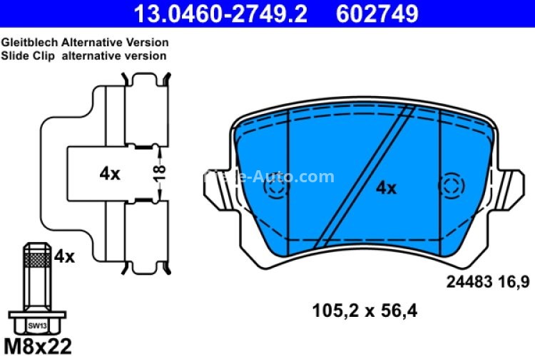 Set plăcuțe frână ATE, spate  (pentru discuri neventilate), pentru: AUDI A3, A4 B6, A4 B7, A6 ALLROAD C6, A6 C6, Q3, TT; SEAT ALHAMBRA, ALTEA, EXEO, EXEO ST, LEON, TOLEDO III 1.2-Electric 02.98-