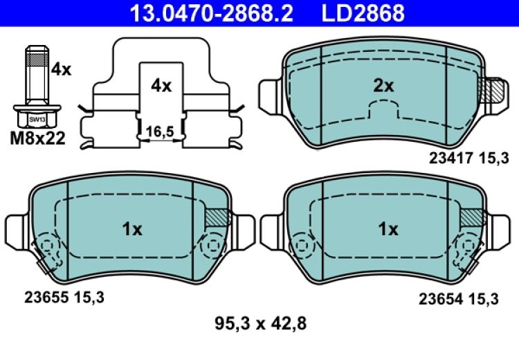 Set plăcuțe frână ATE din ceramică, spate (cu accesorii; cu șuruburi ghidare etrier), pentru: CHEVROLET VIVA; KIA VENGA; LADA KALINA; OPEL ASTRA G 1.2-2.2D 02.98-