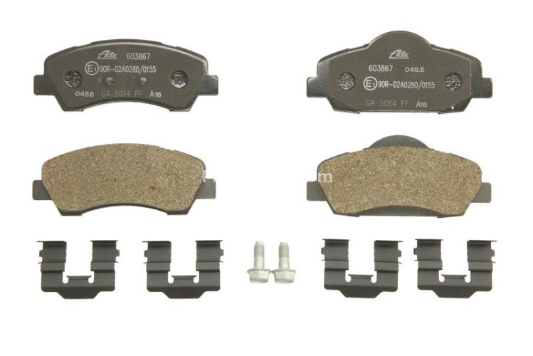 Set plăcuțe frână ATE, față (cu accesorii; cu șuruburi ghidare etrier), pentru: CITROEN C4 CACTUS, C-ELYSEE; PEUGEOT 301 1.2-1.6LPG 11.12-