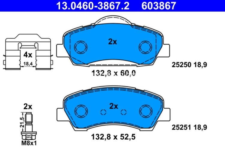 Set plăcuțe frână ATE, față (cu accesorii; cu șuruburi ghidare etrier), pentru: CITROEN C4 CACTUS, C-ELYSEE; PEUGEOT 301 1.2-1.6LPG 11.12-