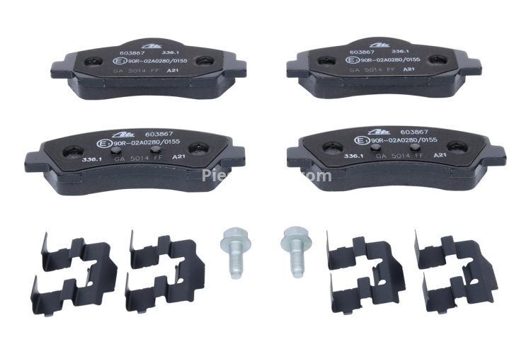 Set plăcuțe frână ATE, față (cu accesorii; cu șuruburi ghidare etrier), pentru: CITROEN C4 CACTUS, C-ELYSEE; PEUGEOT 301 1.2-1.6LPG 11.12-