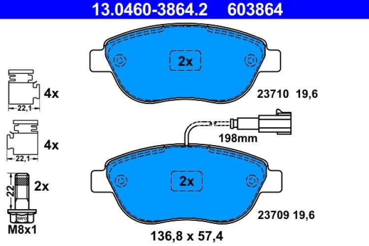 Set plăcuțe frână ATE, față , pentru:  FIAT DOBLO, DOBLO CARGO, FIORINO, FIORINO /MINIVAN, GRANDE PUNTO, LINEA, PUNTO, PUNTO EVO 0.9-2.0D 10.05-