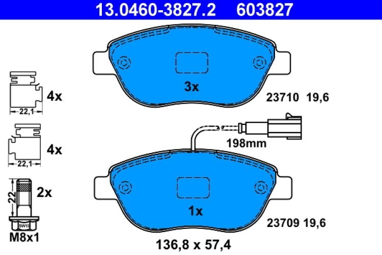 Set plăcuțe frână ATE, față (cu accesorii; cu șuruburi ghidare etrier), pentru: FIAT DOBLO, DOBLO CARGO, FIORINO 1.3D-2.0D 04.99-