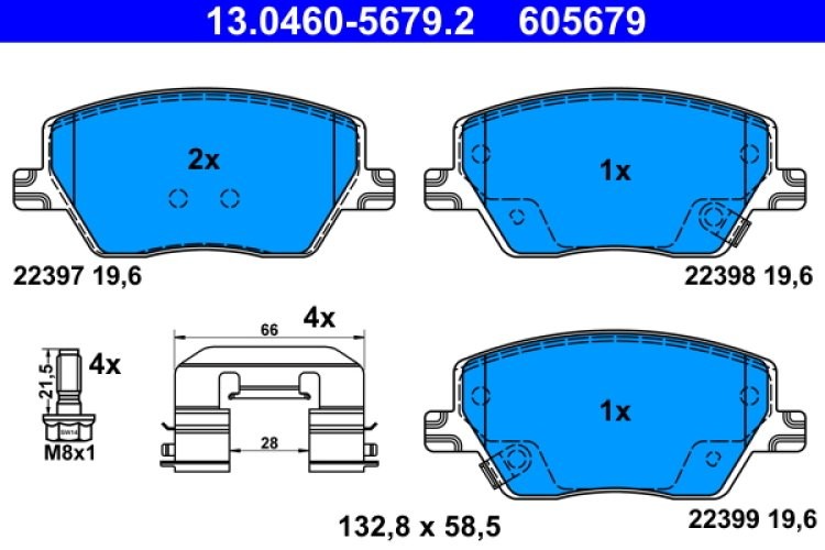 Set plăcuțe frână ATE, față (cu accesorii; cu șuruburi ghidare etrier), pentru: FIAT TIPO 1.0-1.6D 10.15-