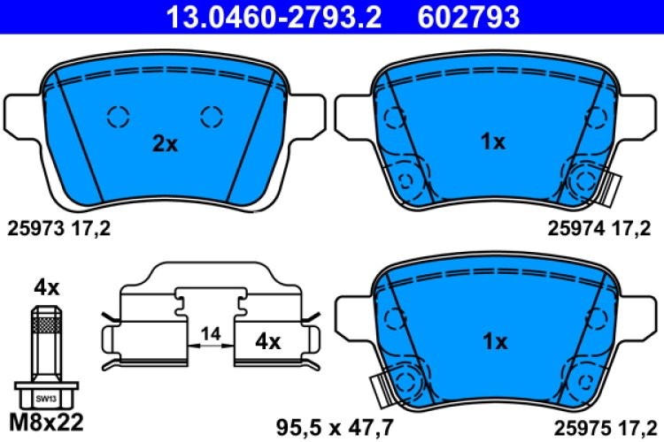 Set plăcuțe frână ATE, spate  , pentru: FIAT 500L, TIPO; OPEL ADAM, CORSA E, CORSA E/HATCHBACK 1.0-1.6D 09.12-