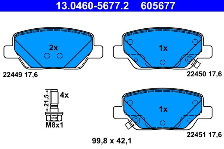 Set plăcuțe frână ATE, spate  (cu șuruburi ghidare etrier), pentru: FIAT TIPO 1.0-1.6D 10.15-