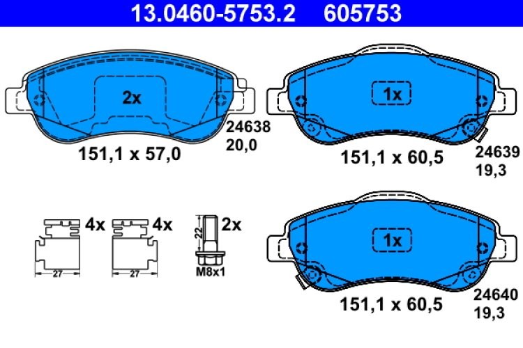 Set plăcuțe frână ATE, față (cu accesorii; cu șuruburi ghidare etrier), pentru: HONDA CR-V II, CR-V III, CR-V IV 1.6D-2.4 09.01-