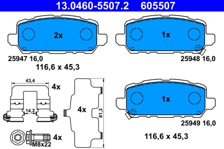 Set plăcuțe frână ATE, spate  , pentru: HONDA HR-V 1.5/1.6D 01.15-