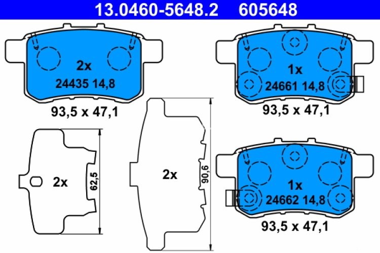 Set plăcuțe frână ATE, spate  (cu un tampon de amortizare), pentru: HONDA ACCORD IX, ACCORD VIII, CIVIC III, CIVIC IV 1.5-3.5 03.86-