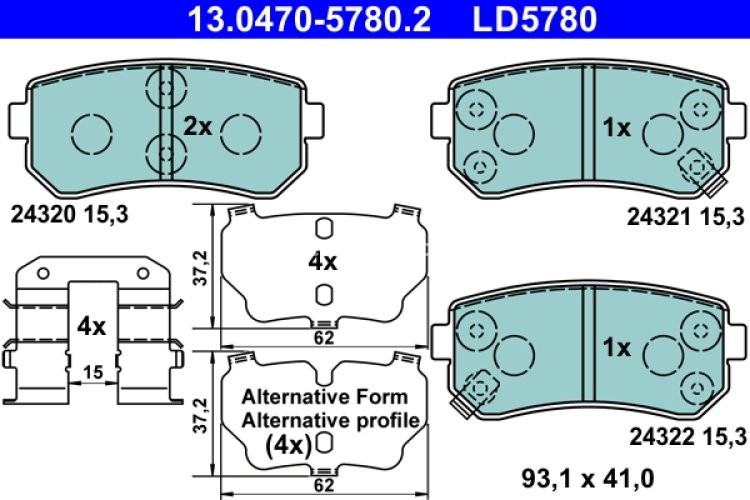 Set plăcuțe frână ATE din ceramică, spate (cu accesorii; cu un tampon de amortizare), pentru: HYUNDAI ACCENT III, I20 I, I30, IX35, SONATA V, SONATA VI, TUCSON, TUCSON/SUV 1.1D-Electric 09.04-