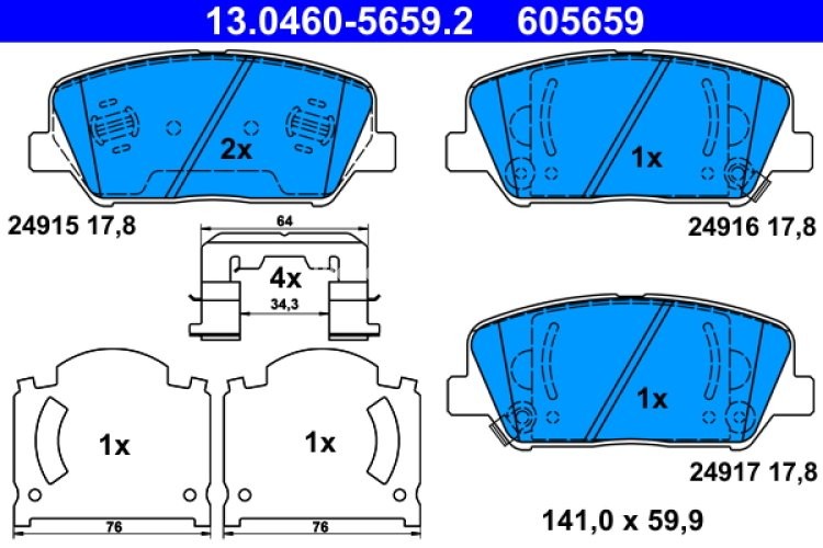 Set plăcuțe frână ATE, față , pentru: HYUNDAI GENESIS, I30, VELOSTER; KIA CEE'D, OPTIMA, PRO CEE'D 1.0-3.8 01.08-