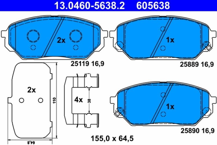 Set plăcuțe frână ATE, față (cu accesorii; cu un tampon de amortizare), pentru: HYUNDAI IX55 3.0D/3.8 01.07-
