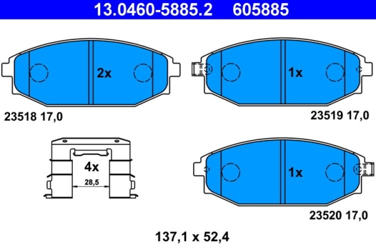 Set plăcuțe frână ATE, față (cu accesorii), pentru: HYUNDAI GALLOPER II 2.5D/2.6D/3.0 08.98-12.03