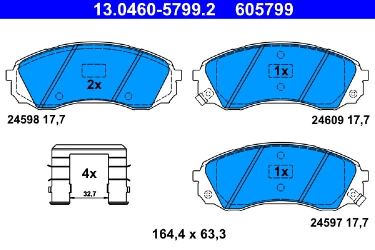 Set plăcuțe frână ATE, față (cu accesorii), pentru: HYUNDAI H-1 CARGO, H-1 TRAVEL; KIA CARNIVAL III; TOYOTA PROACE, PROACE VERSO 2.0D-2.9D 04.06-