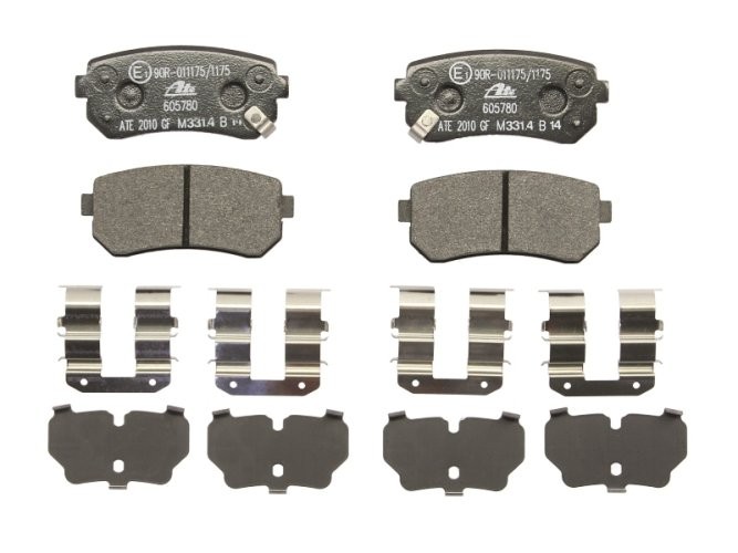 Set plăcuțe frână ATE, spate  (cu accesorii; cu un tampon de amortizare), pentru: HYUNDAI ACCENT III, I20 I, I30, IX35, SONATA V, SONATA VI, TUCSON, TUCSON/SUV 1.1D-Electric 09.04-