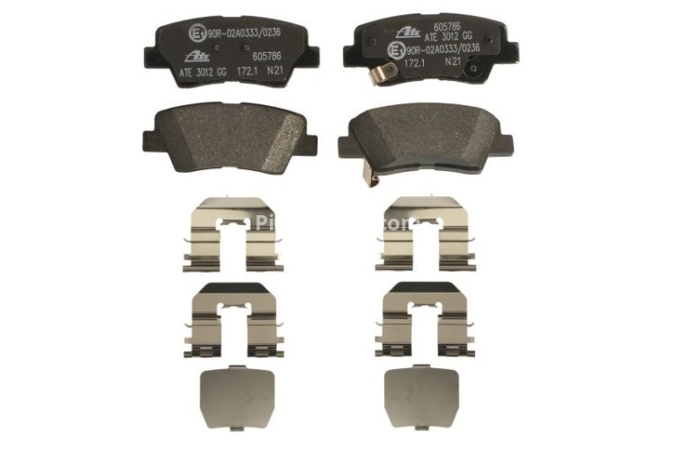 Set plăcuțe frână ATE, spate  (cu accesorii; cu un tampon de amortizare), pentru: HYUNDAI ELANTRA IV, GRANDEUR, I10 III, IX35, KONA, SONATA V, TUCSON, TUCSON/SUV 1.2-Electric 06.04-