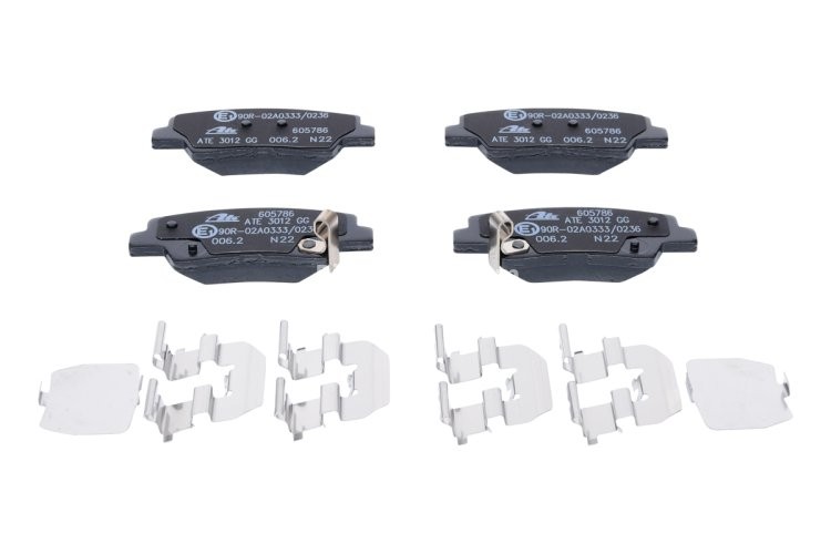 Set plăcuțe frână ATE, spate  (cu accesorii; cu un tampon de amortizare), pentru: HYUNDAI ELANTRA IV, GRANDEUR, I10 III, IX35, KONA, SONATA V, TUCSON, TUCSON/SUV 1.2-Electric 06.04-
