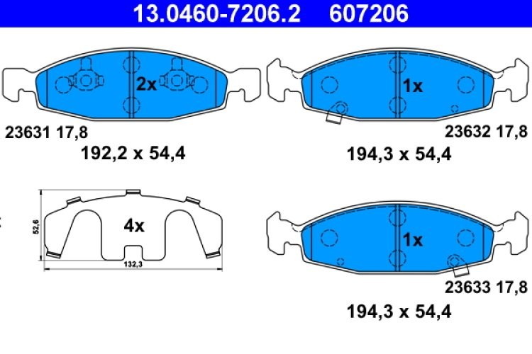 Set plăcuțe frână ATE, față (cu un tampon de amortizare), pentru: JEEP CHEROKEE, GRAND CHEROKEE II 2.5-4.7 01.88-09.05