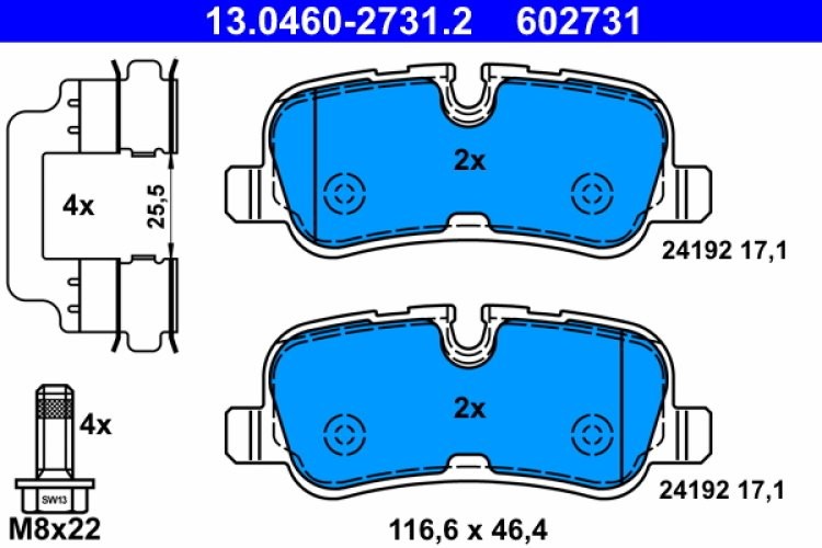 Set plăcuțe frână ATE, spate  (cu accesorii; cu șuruburi ghidare etrier), pentru: LAND ROVER DISCOVERY IV, RANGE ROVER III, RANGE ROVER SPORT I 3.0-5.0 04.06-12.18