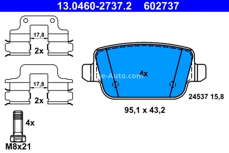 Set plăcuțe frână ATE, spate  (cu accesorii; cu șuruburi ghidare etrier), pentru: VOLVO S80 II, V70 III, V70 III/KOMBI, XC70 II; LAND ROVER FREELANDER 2 1.6-4.4 03.06-12.16