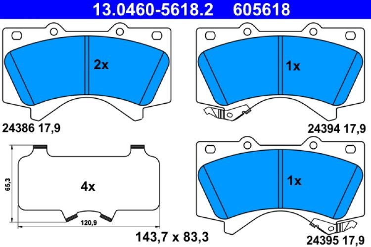 Set plăcuțe frână ATE, față (cu un tampon de amortizare), pentru: LEXUS LX; TOYOTA LAND CRUISER, LAND CRUISER 200, LAND CRUISER PRADO, SEQUOIA 2.8D-5.7 08.07-