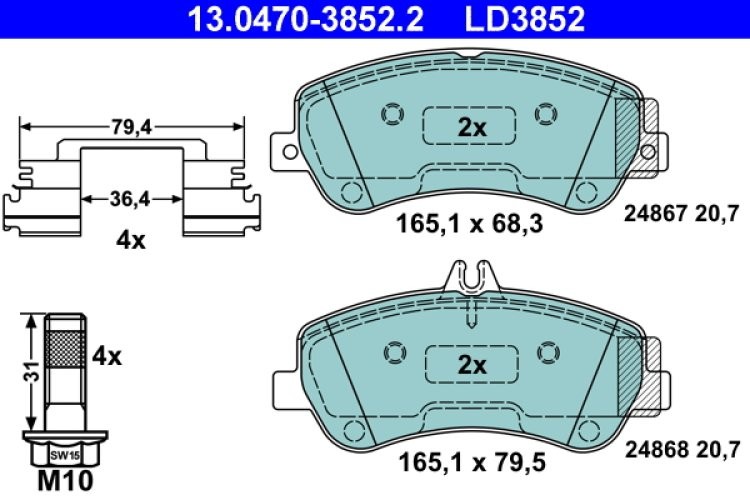 Set plăcuțe frână ATE din ceramică, față (cu accesorii; cu șuruburi ghidare etrier), pentru: MERCEDES GLK (X204) 2.0-3.5 06.08-12.15