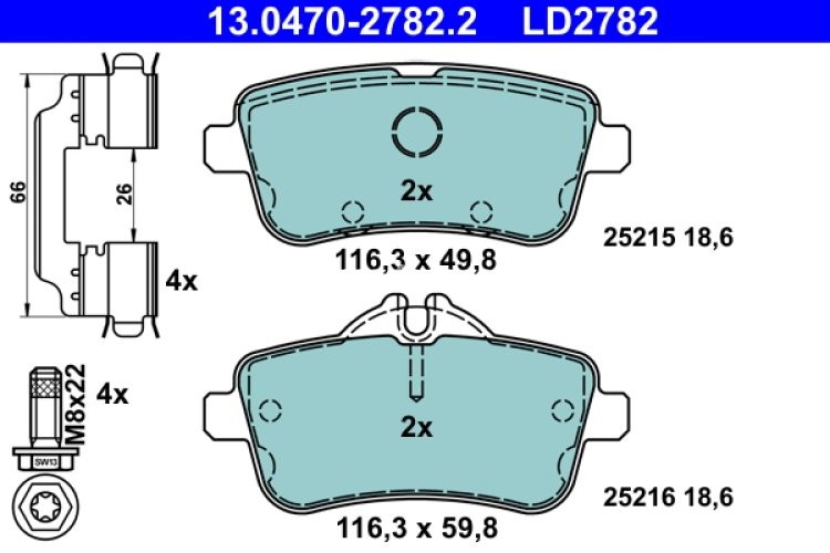 Set plăcuțe frână ATE din ceramică, spate (cu accesorii; cu șuruburi ghidare etrier), pentru: MERCEDES GL (X166), GLE (C292), GLE (W166), GLS (X166) 2.2D-5.5 06.11-10.19