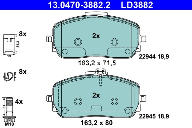 Set plăcuțe frână ATE din ceramică, față , pentru: MERCEDES A (V177), A (W177), B SPORTS TOURER (W247), CLA (C118), CLA SHOOTING BRAKE (X118), EQA (H243), EQB (X243), G (W463) 1.3-Electric 03.18-