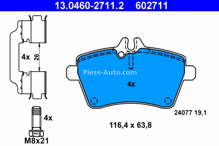 Set plăcuțe frână ATE, față (cu accesorii; cu șuruburi ghidare etrier), pentru: MERCEDES A (W169), B SPORTS TOURER (W245) 1.5-2.0D 09.04-06.12