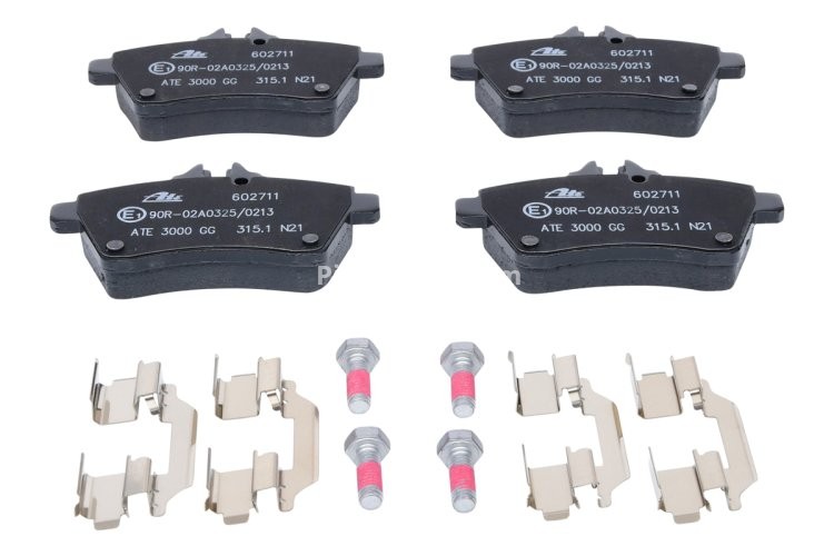 Set plăcuțe frână ATE, față (cu accesorii; cu șuruburi ghidare etrier), pentru: MERCEDES A (W169), B SPORTS TOURER (W245) 1.5-2.0D 09.04-06.12