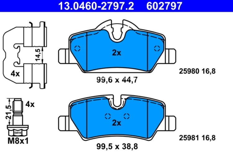 Set plăcuțe frână ATE, spate  (cu accesorii; cu șuruburi ghidare etrier), pentru: MINI (F55), (F56), (F57) 1.2-2.0D 09.13-