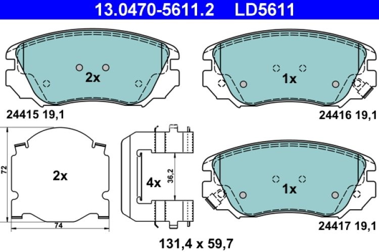 Set plăcuțe frână ATE din ceramică, față (cu accesorii), pentru: OPEL INSIGNIA A, INSIGNIA A COUNTRY; RENAULT KANGOO; SAAB 9-5 1.2-2.8 06.01-